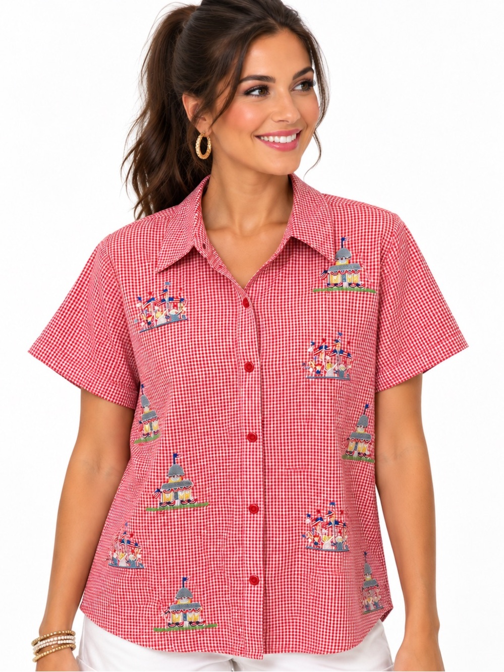 Vintage Quacker Factory 1X Red White Seersucker Gingham Embroidered Button Shirt